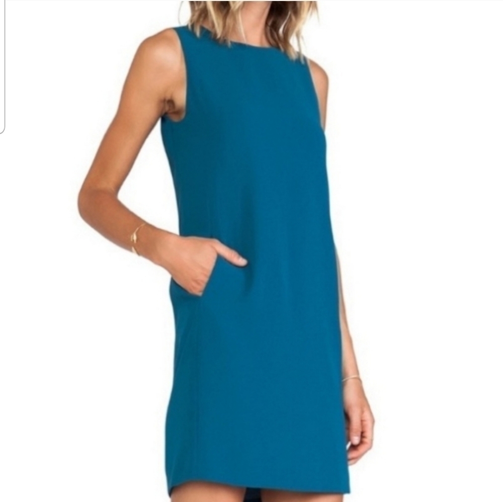 Vince Sleeveless Crepe Classic Shift Dress w/ Pockets Size 0 Teal Blue/Green